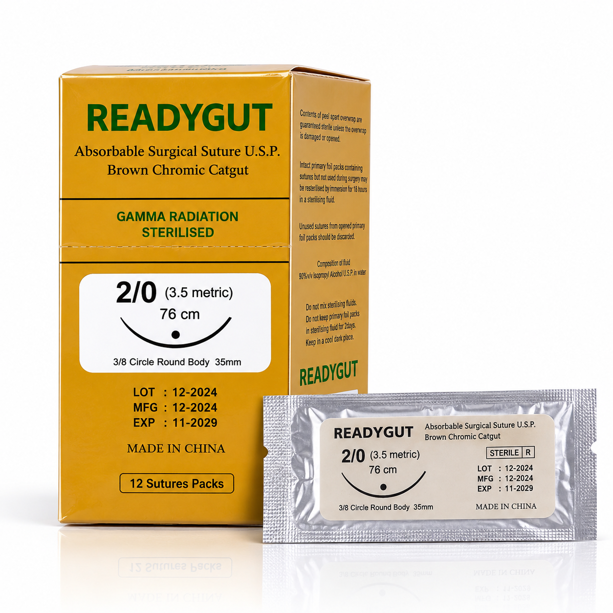READY GUT Absorbable Surgical Suture USP Brown Chromic Catgut 2/0 (3.5 Metric) – 76 cm